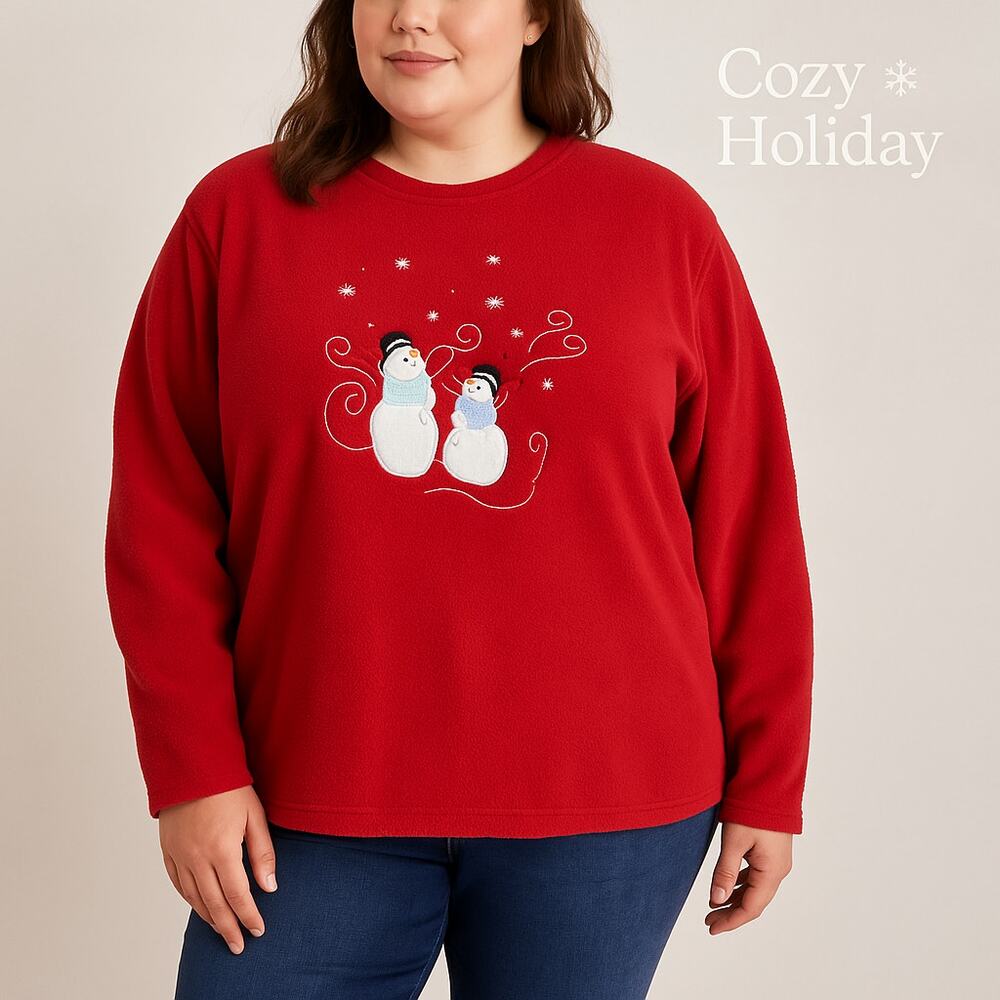 Vintage Y2K Bonnie Evans Red Fleece Snowman Pullover 3X Women’s Christmas Winter
